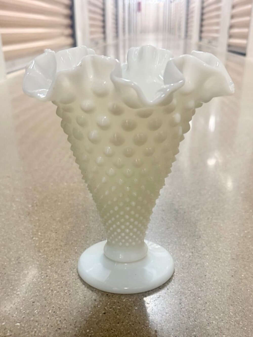 Vintage Fenton White Milk Glass Hobnail Trumpet Vase Double-Crimped Ruffled Rim